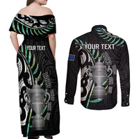 Personalised New Zealand Silver Fern Rugby Couples Matching Off Shoulder Maxi Dress and Long Sleeve Button Shirt Paua Shell With Champions Trophy History NZ Forever - Wonder Print Shop