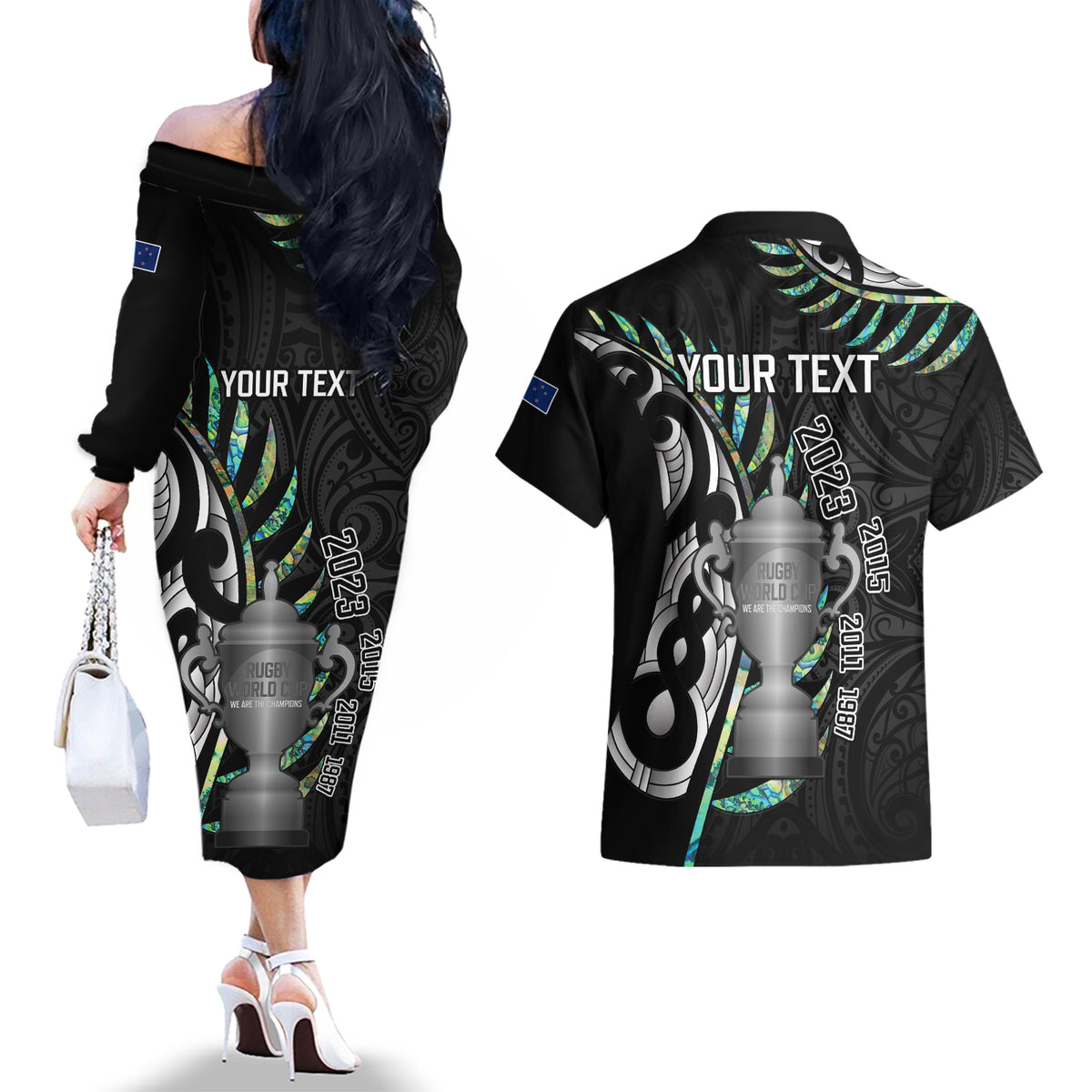 Personalised New Zealand Silver Fern Rugby Couples Matching Off The Shoulder Long Sleeve Dress and Hawaiian Shirt Paua Shell With Champions Trophy History NZ Forever - Wonder Print Shop