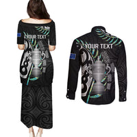 Personalised New Zealand Silver Fern Rugby Couples Matching Puletasi Dress and Long Sleeve Button Shirt Paua Shell With Champions Trophy History NZ Forever - Wonder Print Shop