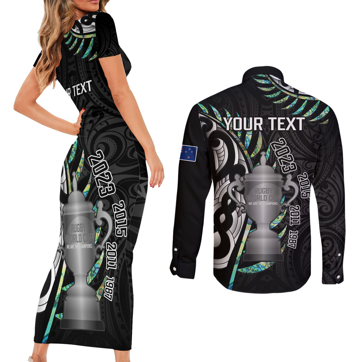Personalised New Zealand Silver Fern Rugby Couples Matching Short Sleeve Bodycon Dress and Long Sleeve Button Shirt Paua Shell With Champions Trophy History NZ Forever - Wonder Print Shop