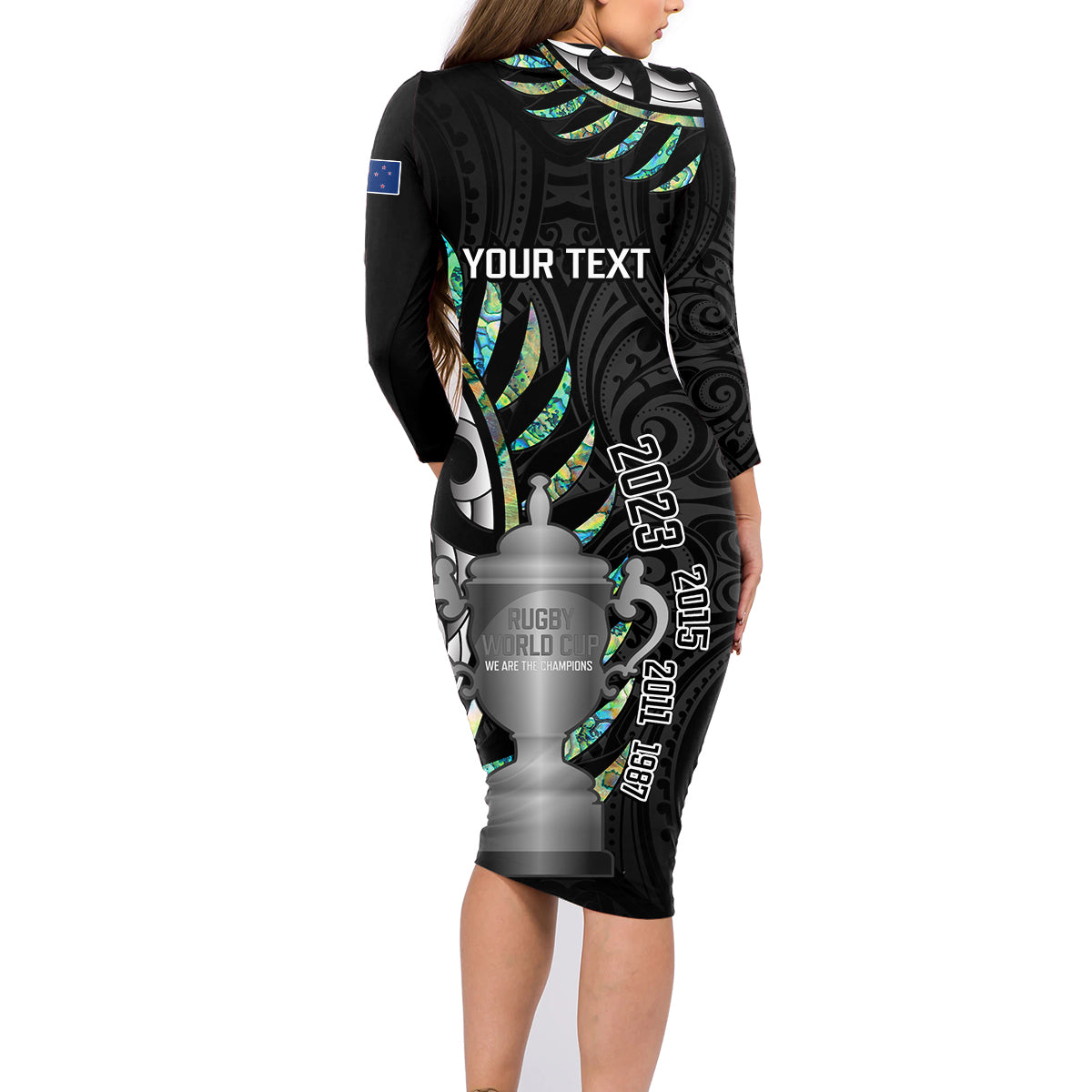Personalised New Zealand Silver Fern Rugby Family Matching Long Sleeve Bodycon Dress and Hawaiian Shirt Paua Shell With Champions Trophy History NZ Forever - Wonder Print Shop