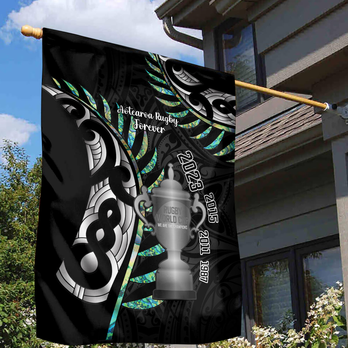 Personalised New Zealand Silver Fern Rugby Garden Flag Paua Shell With Champions Trophy History NZ Forever - Wonder Print Shop