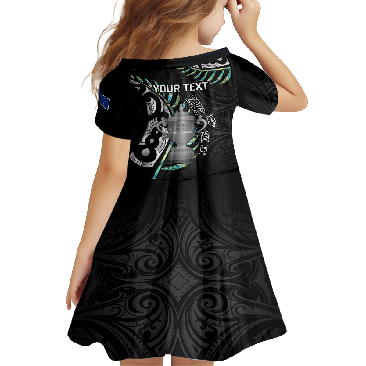Personalised New Zealand Silver Fern Rugby Kid Short Sleeve Dress Paua Shell With Champions Trophy History NZ Forever - Wonder Print Shop