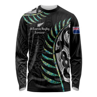 Personalised New Zealand Silver Fern Rugby Long Sleeve Shirt Paua Shell With Champions Trophy History NZ Forever - Wonder Print Shop