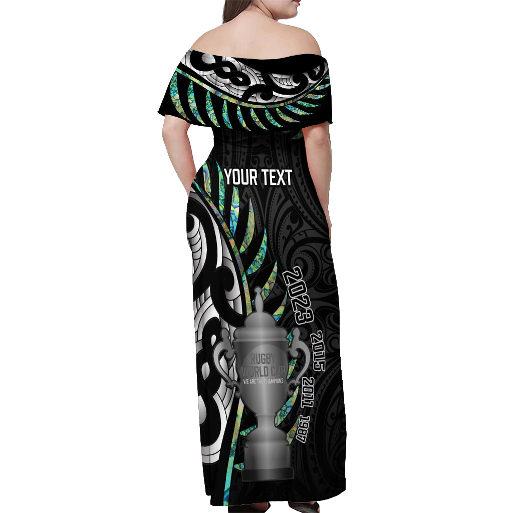Personalised New Zealand Silver Fern Rugby Off Shoulder Maxi Dress Paua Shell With Champions Trophy History NZ Forever - Wonder Print Shop