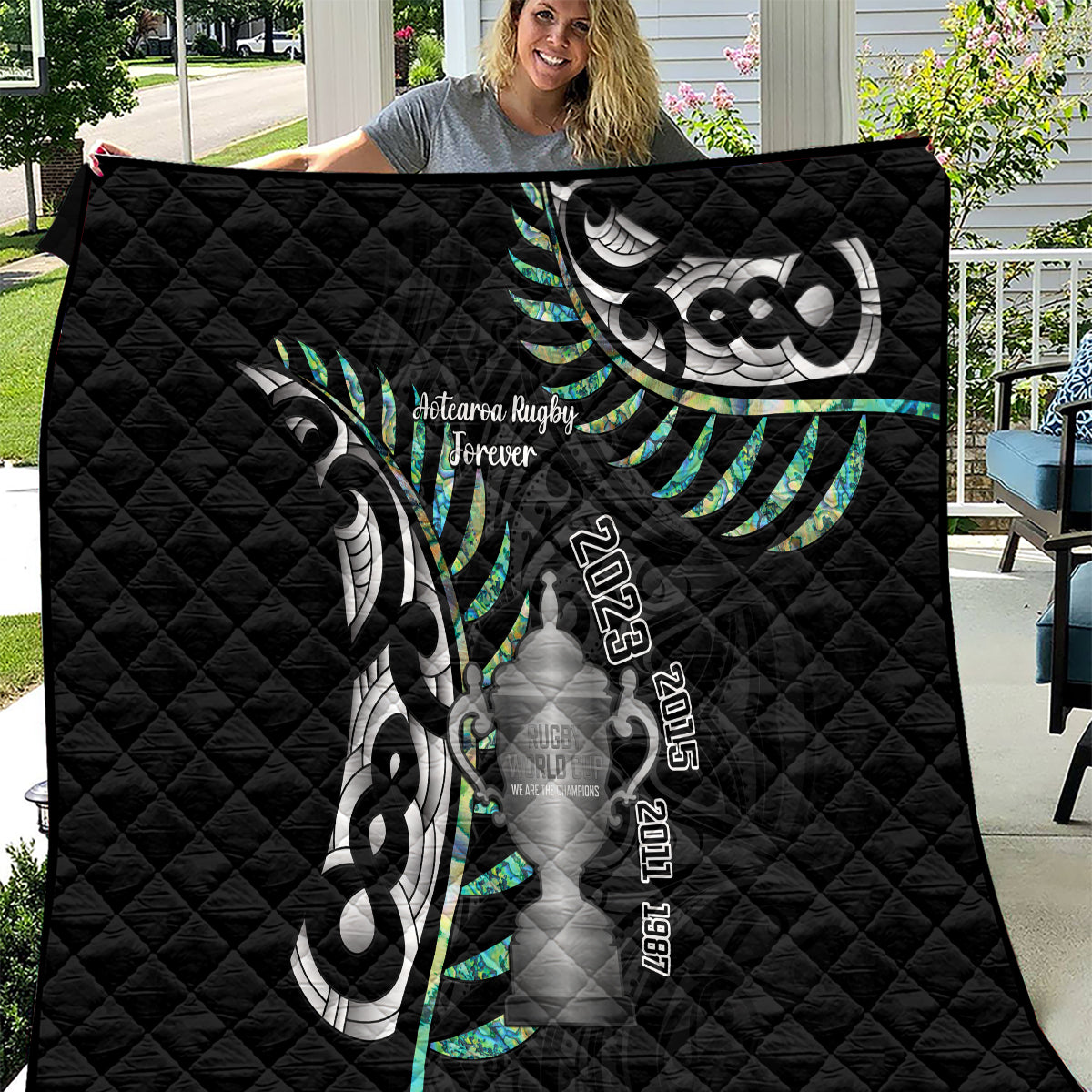 Personalised New Zealand Silver Fern Rugby Quilt Paua Shell With Champions Trophy History NZ Forever - Wonder Print Shop