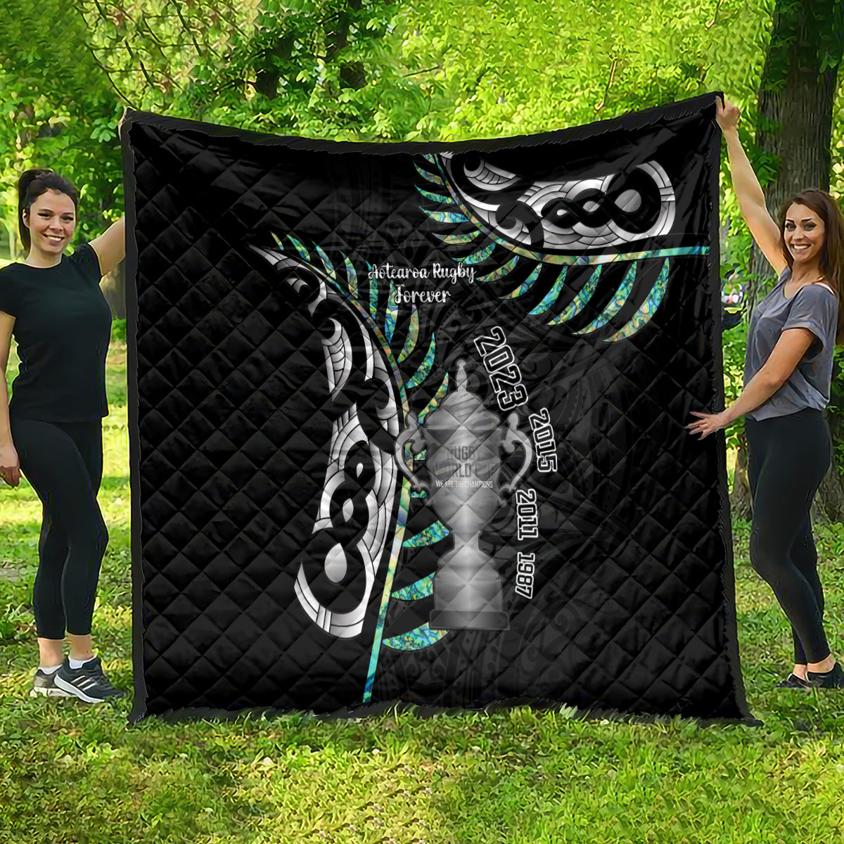 Personalised New Zealand Silver Fern Rugby Quilt Paua Shell With Champions Trophy History NZ Forever - Wonder Print Shop