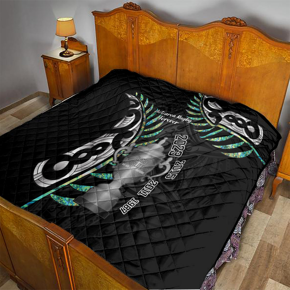 Personalised New Zealand Silver Fern Rugby Quilt Paua Shell With Champions Trophy History NZ Forever - Wonder Print Shop