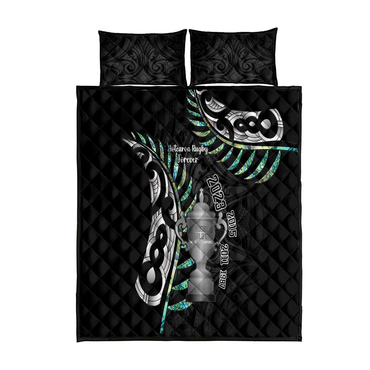 Personalised New Zealand Silver Fern Rugby Quilt Bed Set Paua Shell With Champions Trophy History NZ Forever - Wonder Print Shop