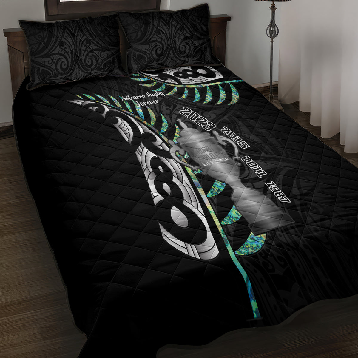 Personalised New Zealand Silver Fern Rugby Quilt Bed Set Paua Shell With Champions Trophy History NZ Forever - Wonder Print Shop
