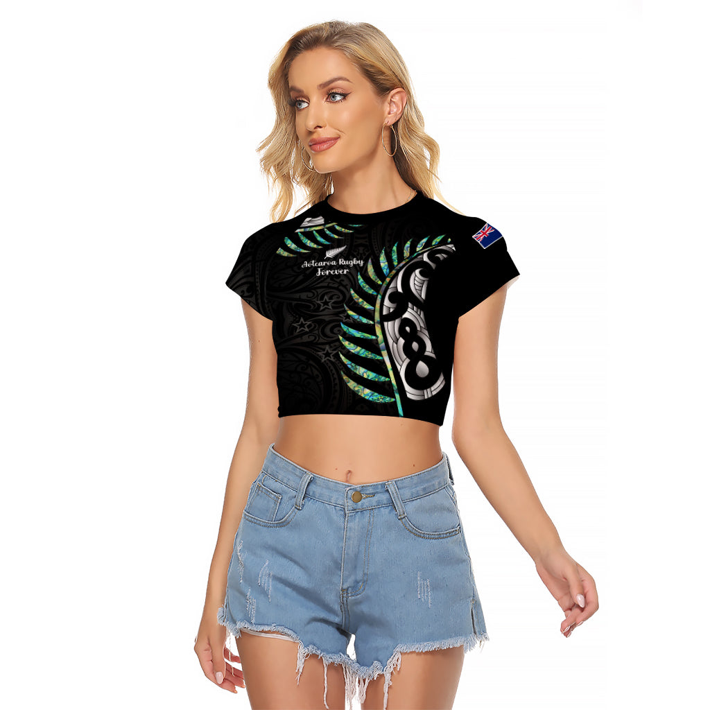 Personalised New Zealand Silver Fern Rugby Raglan Cropped T Shirt Paua Shell With Champions Trophy History NZ Forever - Wonder Print Shop