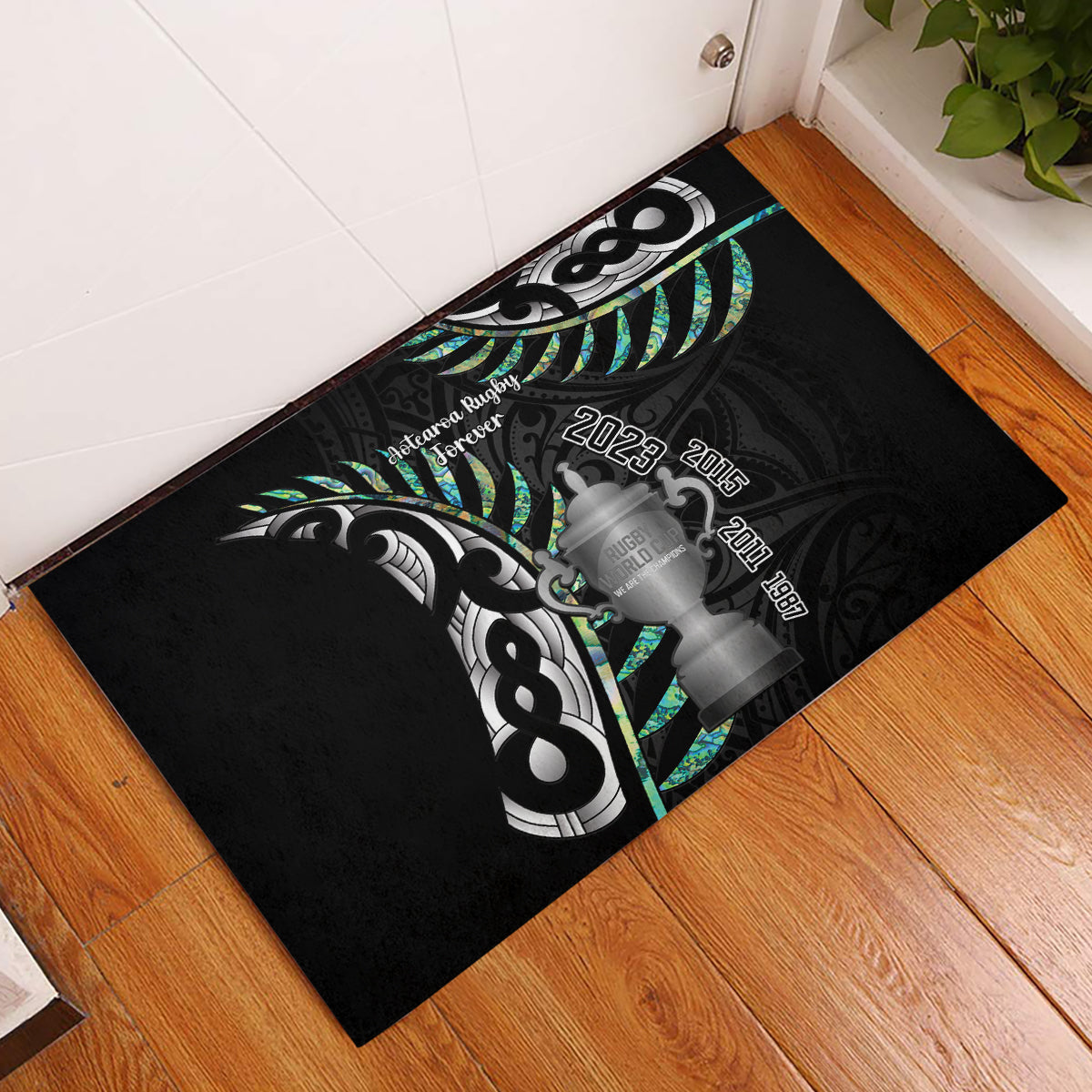 Personalised New Zealand Silver Fern Rugby Rubber Doormat Paua Shell With Champions Trophy History NZ Forever - Wonder Print Shop