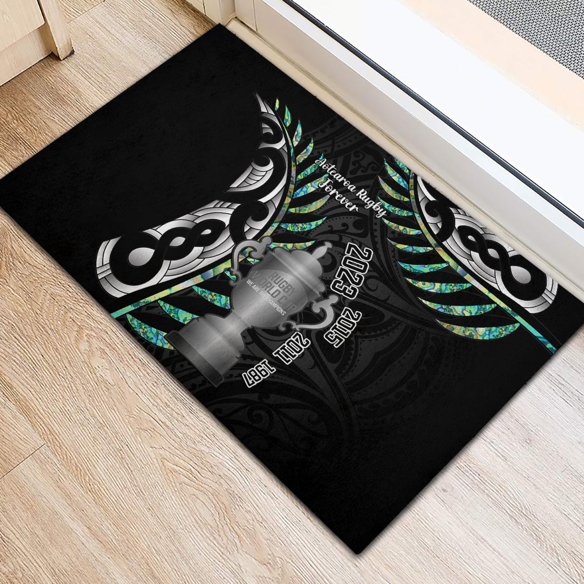 Personalised New Zealand Silver Fern Rugby Rubber Doormat Paua Shell With Champions Trophy History NZ Forever - Wonder Print Shop