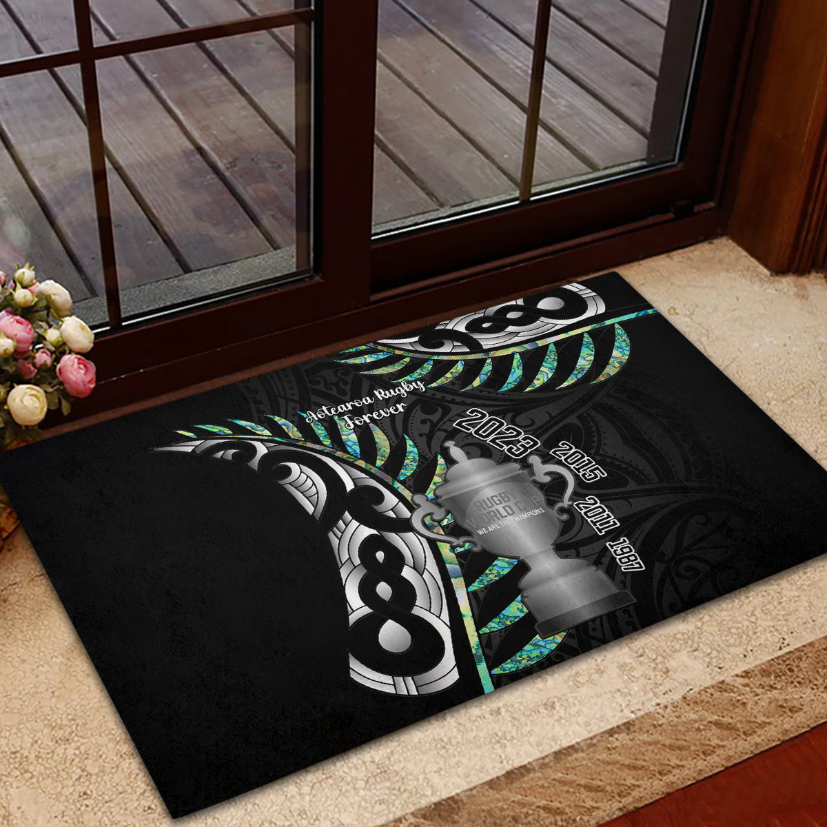 Personalised New Zealand Silver Fern Rugby Rubber Doormat Paua Shell With Champions Trophy History NZ Forever - Wonder Print Shop