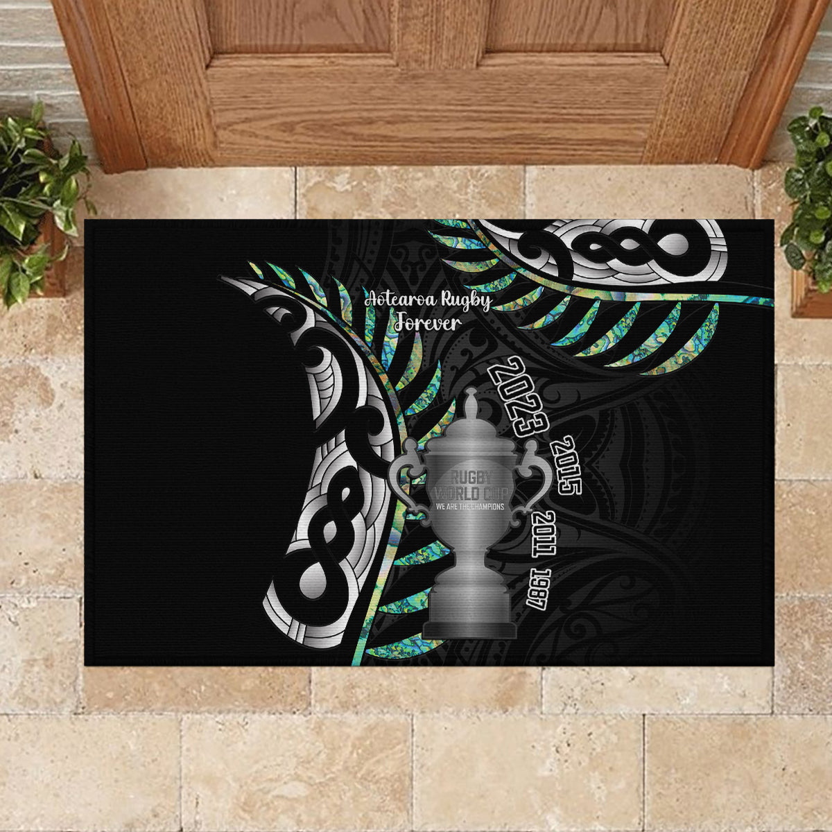 Personalised New Zealand Silver Fern Rugby Rubber Doormat Paua Shell With Champions Trophy History NZ Forever - Wonder Print Shop