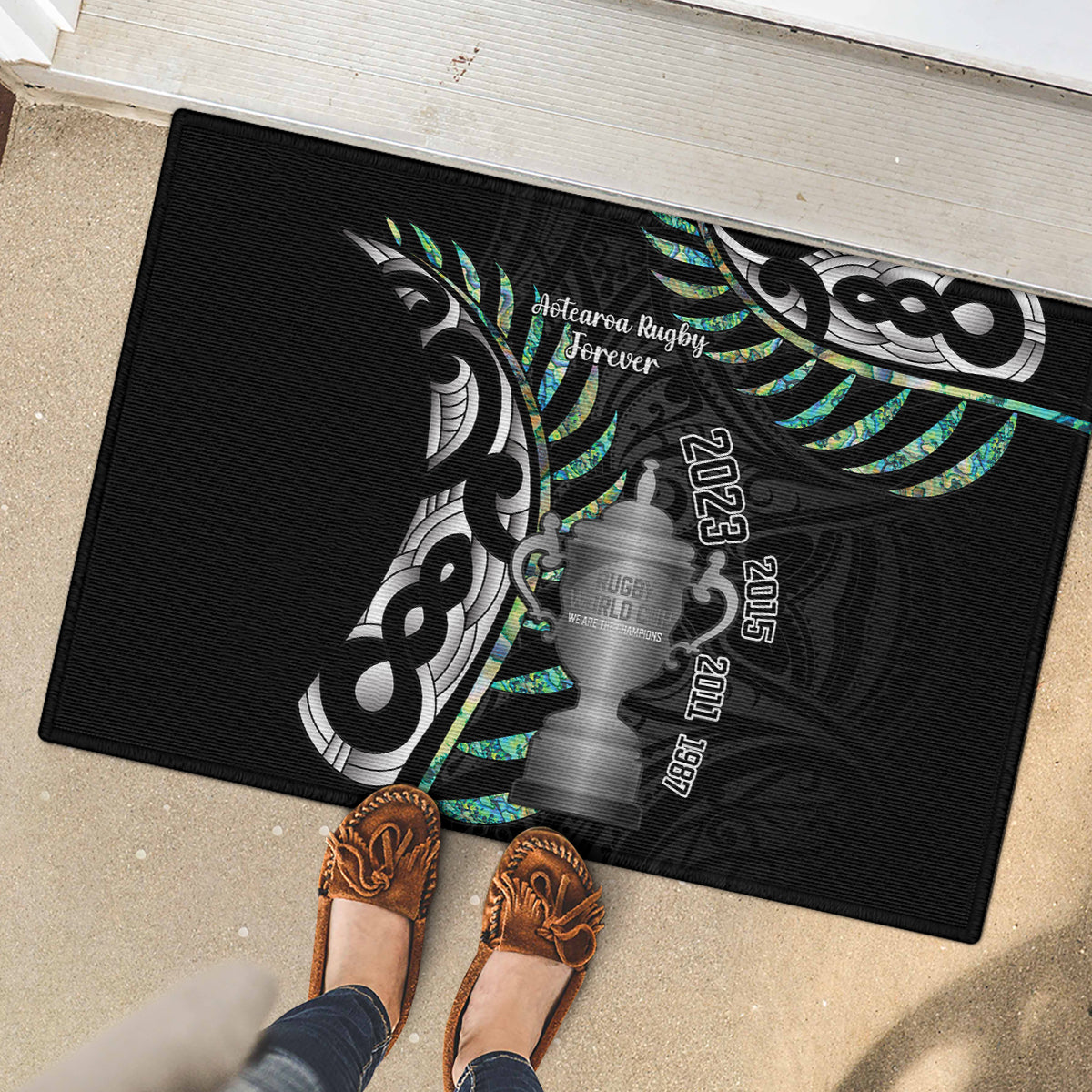 Personalised New Zealand Silver Fern Rugby Rubber Doormat Paua Shell With Champions Trophy History NZ Forever - Wonder Print Shop