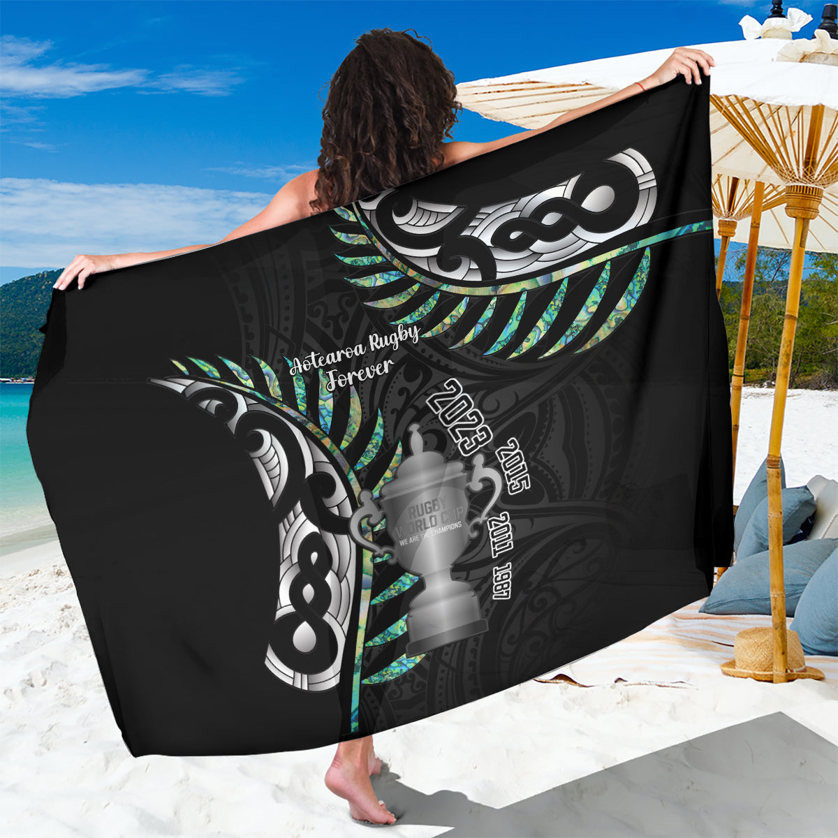 Personalised New Zealand Silver Fern Rugby Sarong Paua Shell With Champions Trophy History NZ Forever - Wonder Print Shop