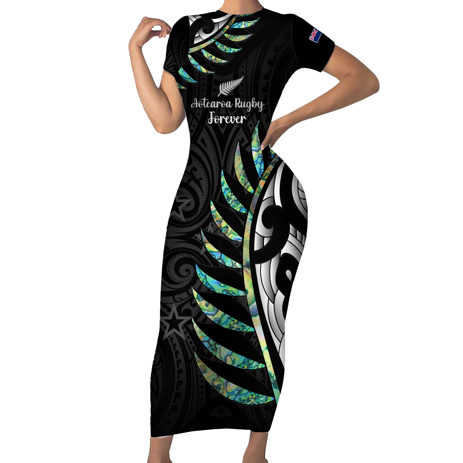 Personalised New Zealand Silver Fern Rugby Short Sleeve Bodycon Dress Paua Shell With Champions Trophy History NZ Forever - Wonder Print Shop