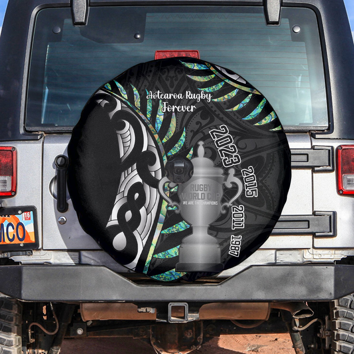 Personalised New Zealand Silver Fern Rugby Spare Tire Cover Paua Shell With Champions Trophy History NZ Forever - Wonder Print Shop