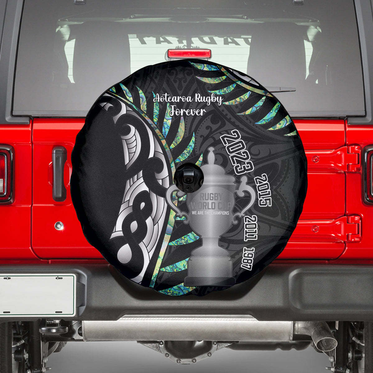 Personalised New Zealand Silver Fern Rugby Spare Tire Cover Paua Shell With Champions Trophy History NZ Forever - Wonder Print Shop