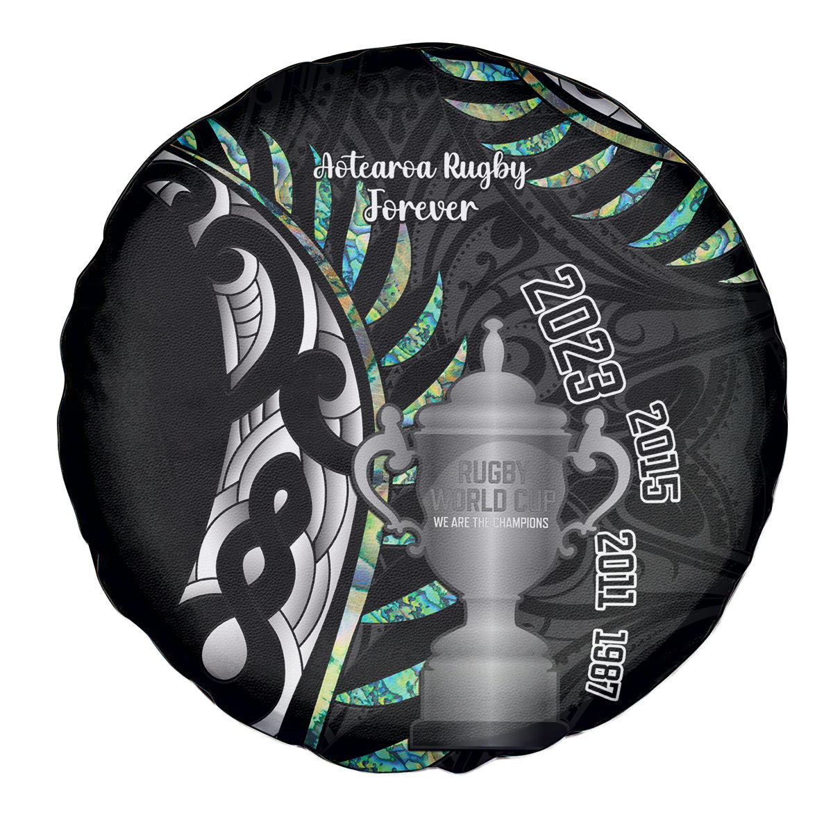 Personalised New Zealand Silver Fern Rugby Spare Tire Cover Paua Shell With Champions Trophy History NZ Forever - Wonder Print Shop