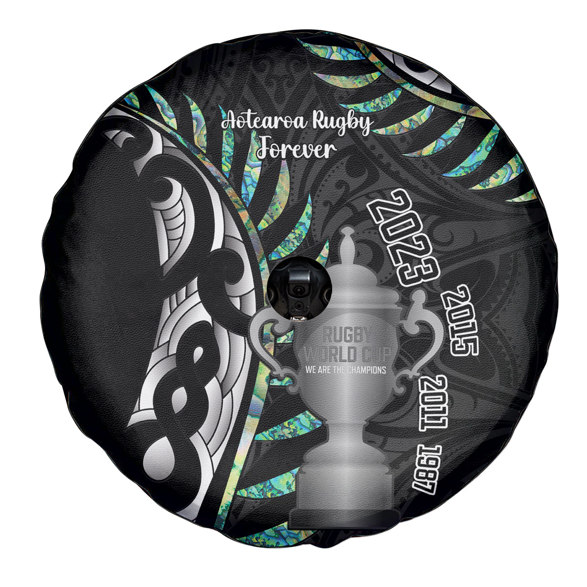 Personalised New Zealand Silver Fern Rugby Spare Tire Cover Paua Shell With Champions Trophy History NZ Forever - Wonder Print Shop