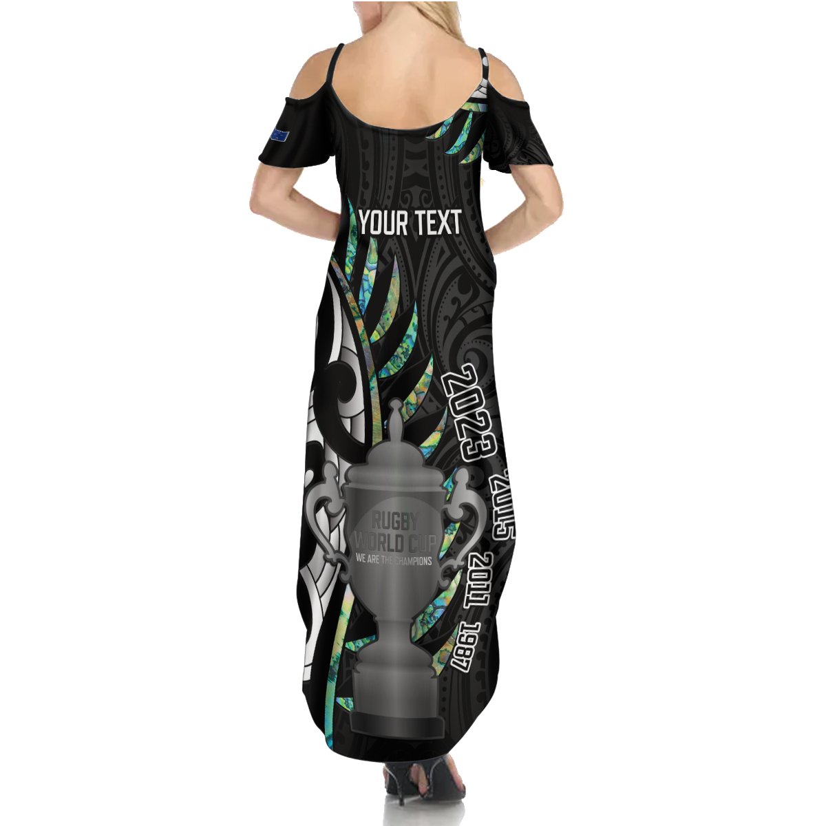 Personalised New Zealand Silver Fern Rugby Summer Maxi Dress Paua Shell With Champions Trophy History NZ Forever - Wonder Print Shop