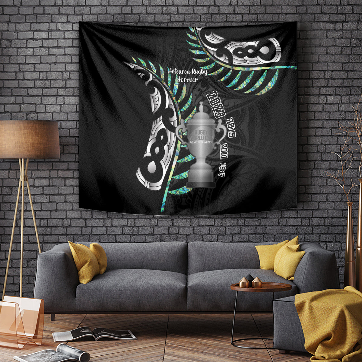 Personalised New Zealand Silver Fern Rugby Tapestry Paua Shell With Champions Trophy History NZ Forever - Wonder Print Shop