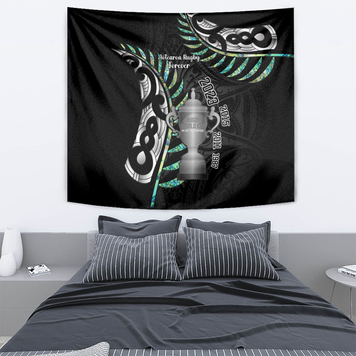 Personalised New Zealand Silver Fern Rugby Tapestry Paua Shell With Champions Trophy History NZ Forever - Wonder Print Shop