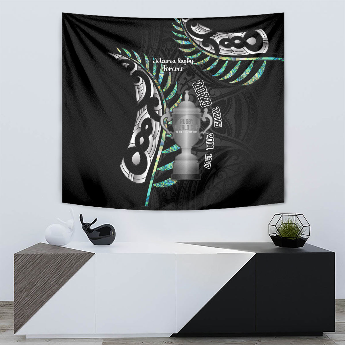 Personalised New Zealand Silver Fern Rugby Tapestry Paua Shell With Champions Trophy History NZ Forever - Wonder Print Shop