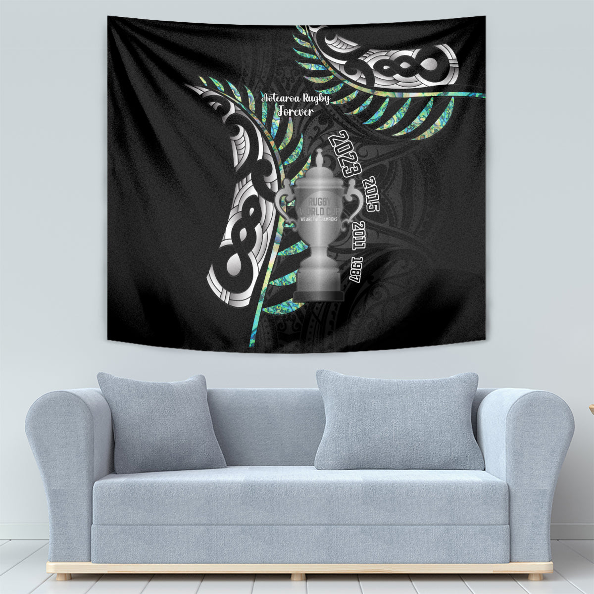 Personalised New Zealand Silver Fern Rugby Tapestry Paua Shell With Champions Trophy History NZ Forever - Wonder Print Shop