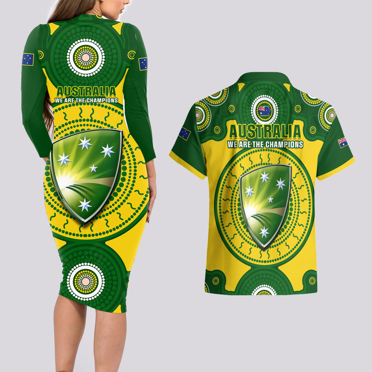 Australia Cricket Couples Matching Long Sleeve Bodycon Dress and Hawaiian Shirt 2023 World Cup 6th Champions Trophy National Color - Wonder Print Shop