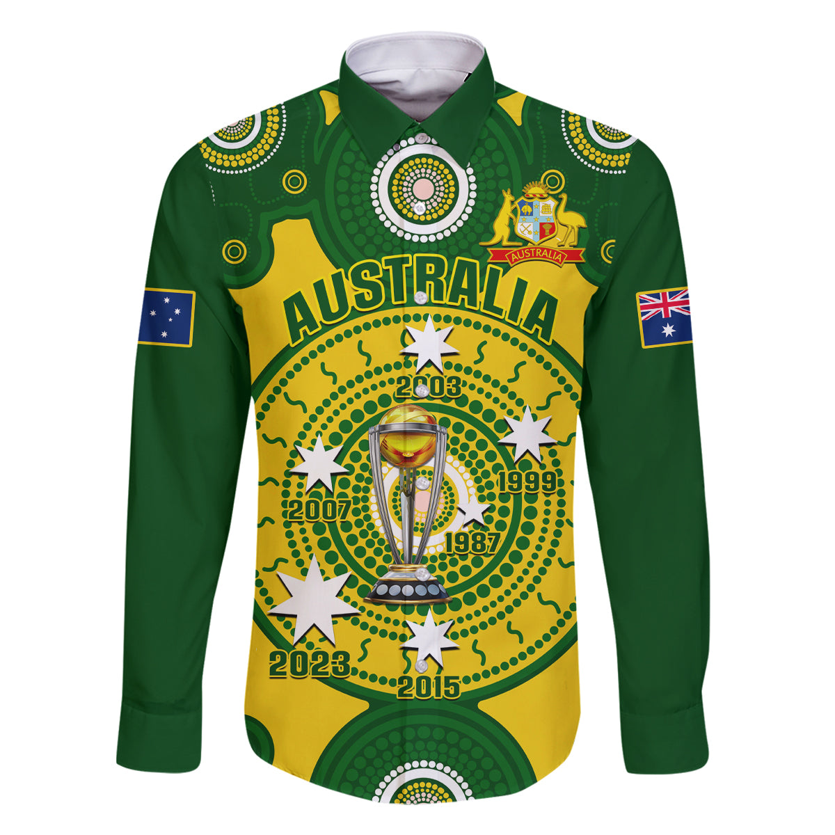 Australia Cricket Family Matching Long Sleeve Bodycon Dress and Hawaiian Shirt 2023 World Cup 6th Champions Trophy National Color - Wonder Print Shop