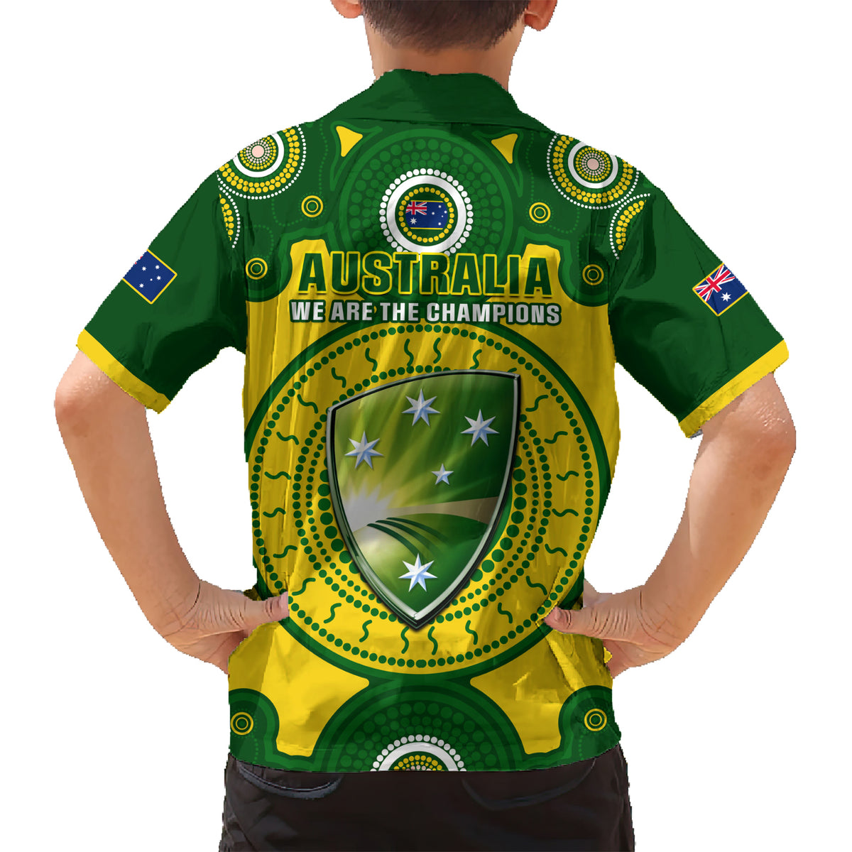 Australia Cricket Family Matching Short Sleeve Bodycon Dress and Hawaiian Shirt 2023 World Cup 6th Champions Trophy National Color - Wonder Print Shop