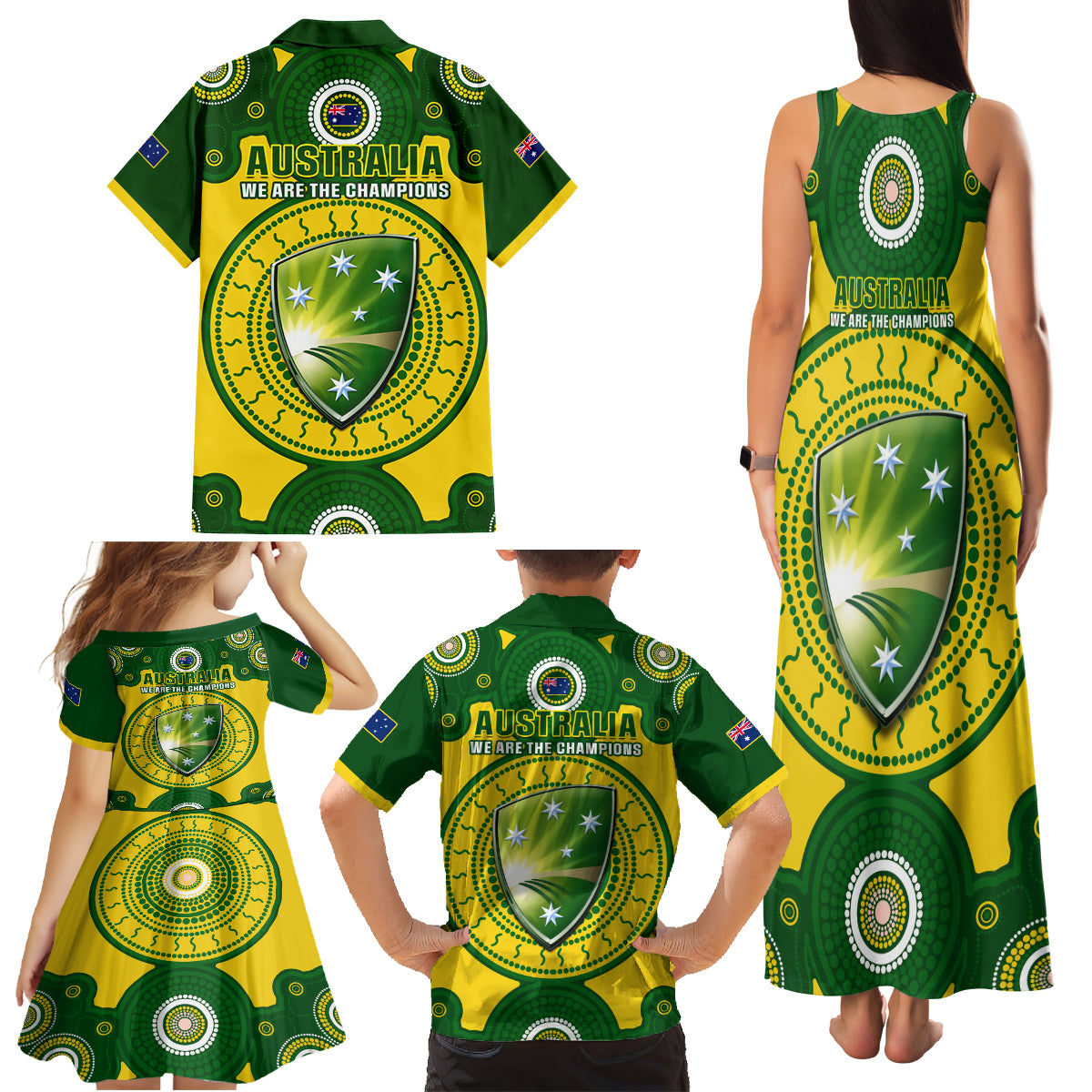 Australia Cricket Family Matching Tank Maxi Dress and Hawaiian Shirt 2023 World Cup 6th Champions Trophy National Color - Wonder Print Shop