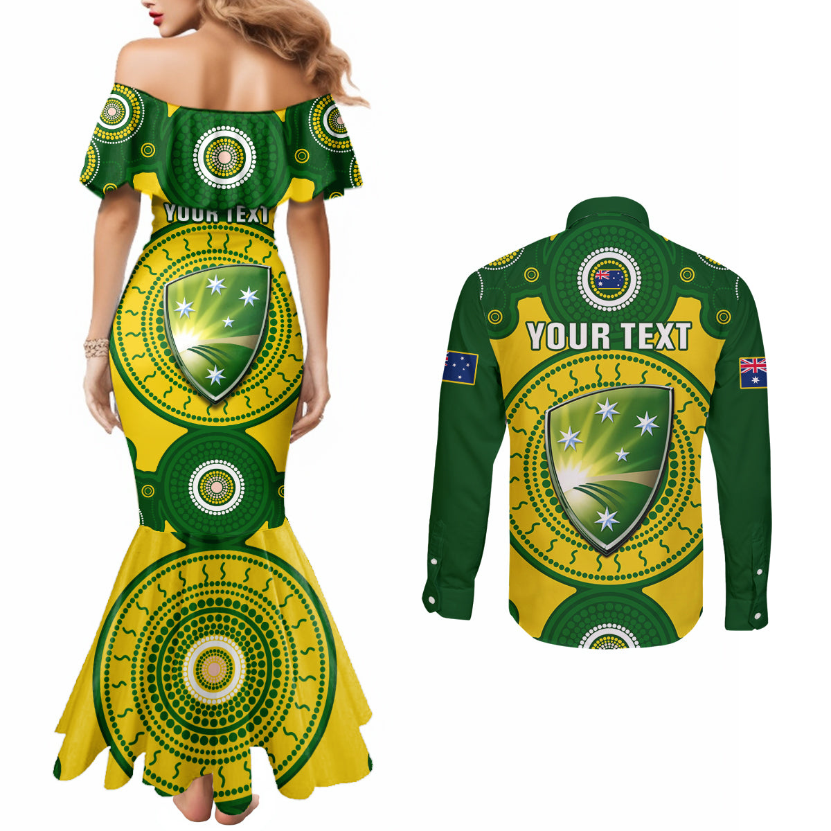 personalised-australia-cricket-couples-matching-mermaid-dress-and-long-sleeve-button-shirt-2023-world-cup-6th-champions-trophy-national-color