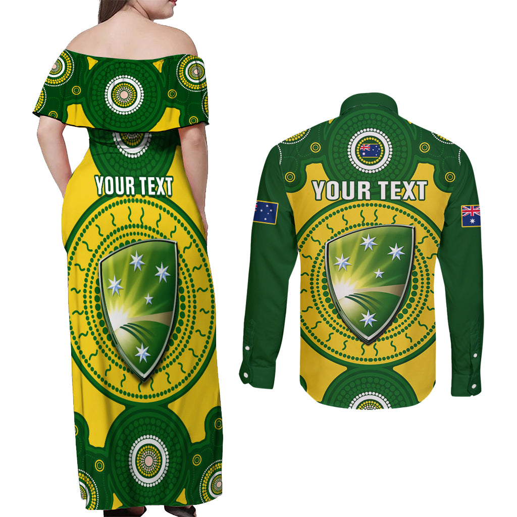 Personalised Australia Cricket Couples Matching Off Shoulder Maxi Dress and Long Sleeve Button Shirt 2023 World Cup 6th Champions Trophy National Color - Wonder Print Shop