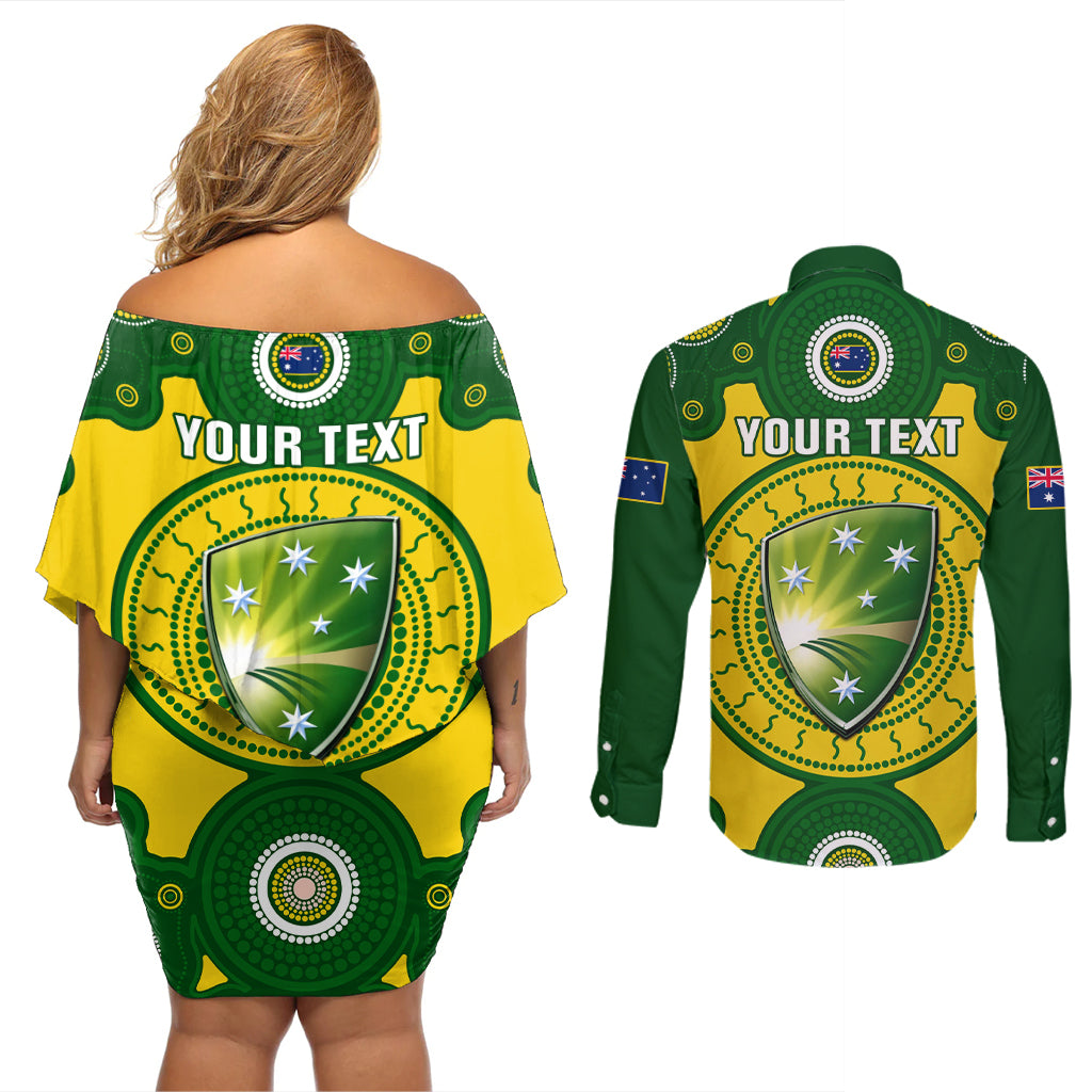 Personalised Australia Cricket Couples Matching Off Shoulder Short Dress and Long Sleeve Button Shirt 2023 World Cup 6th Champions Trophy National Color - Wonder Print Shop