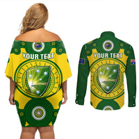 Personalised Australia Cricket Couples Matching Off Shoulder Short Dress and Long Sleeve Button Shirt 2023 World Cup 6th Champions Trophy National Color - Wonder Print Shop
