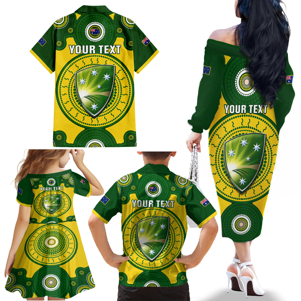 Personalised Australia Cricket Family Matching Off Shoulder Long Sleeve Dress and Hawaiian Shirt 2023 World Cup 6th Champions Trophy National Color - Wonder Print Shop