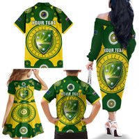 Personalised Australia Cricket Family Matching Off Shoulder Long Sleeve Dress and Hawaiian Shirt 2023 World Cup 6th Champions Trophy National Color - Wonder Print Shop