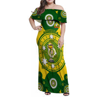 Personalised Australia Cricket Family Matching Off Shoulder Maxi Dress and Hawaiian Shirt 2023 World Cup 6th Champions Trophy National Color - Wonder Print Shop