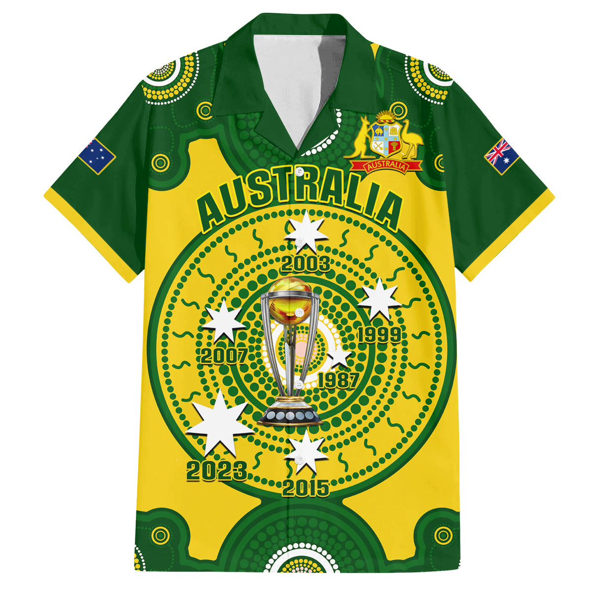 Personalised Australia Cricket Family Matching Off Shoulder Short Dress and Hawaiian Shirt 2023 World Cup 6th Champions Trophy National Color - Wonder Print Shop