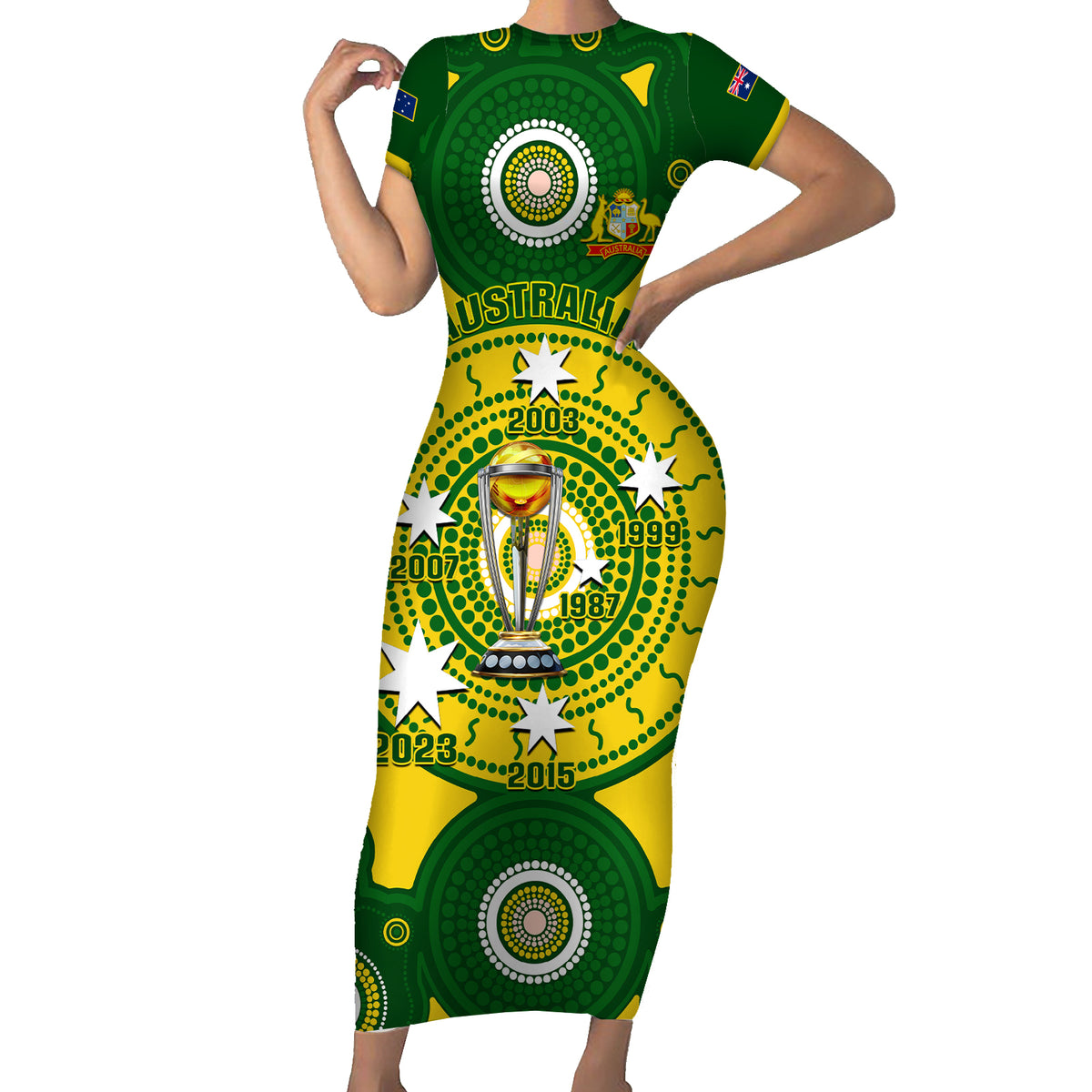 Personalised Australia Cricket Family Matching Short Sleeve Bodycon Dress and Hawaiian Shirt 2023 World Cup 6th Champions Trophy National Color - Wonder Print Shop