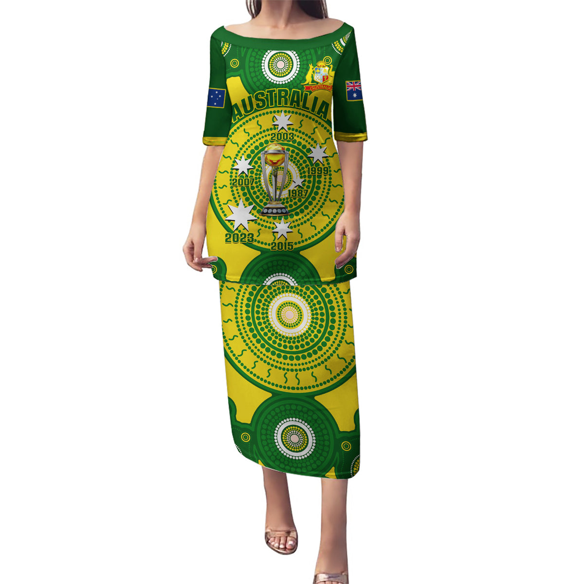 Personalised Australia Cricket Puletasi 2023 World Cup 6th Champions Trophy National Color - Wonder Print Shop