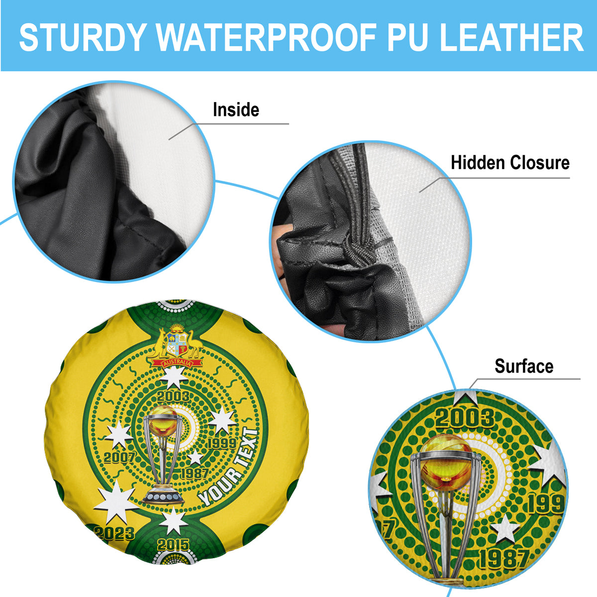 Personalised Australia Cricket Spare Tire Cover 2023 World Cup 6th Champions Trophy National Color - Wonder Print Shop