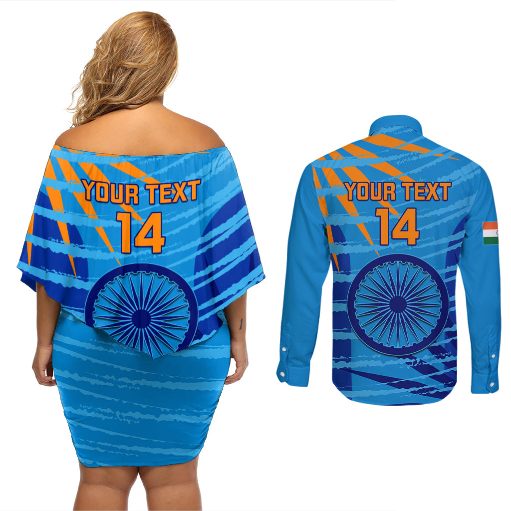 Custom India Cricket Couples Matching Off Shoulder Short Dress and Long Sleeve Button Shirt 2023 World Cup 3rd Champions Proud - Wonder Print Shop