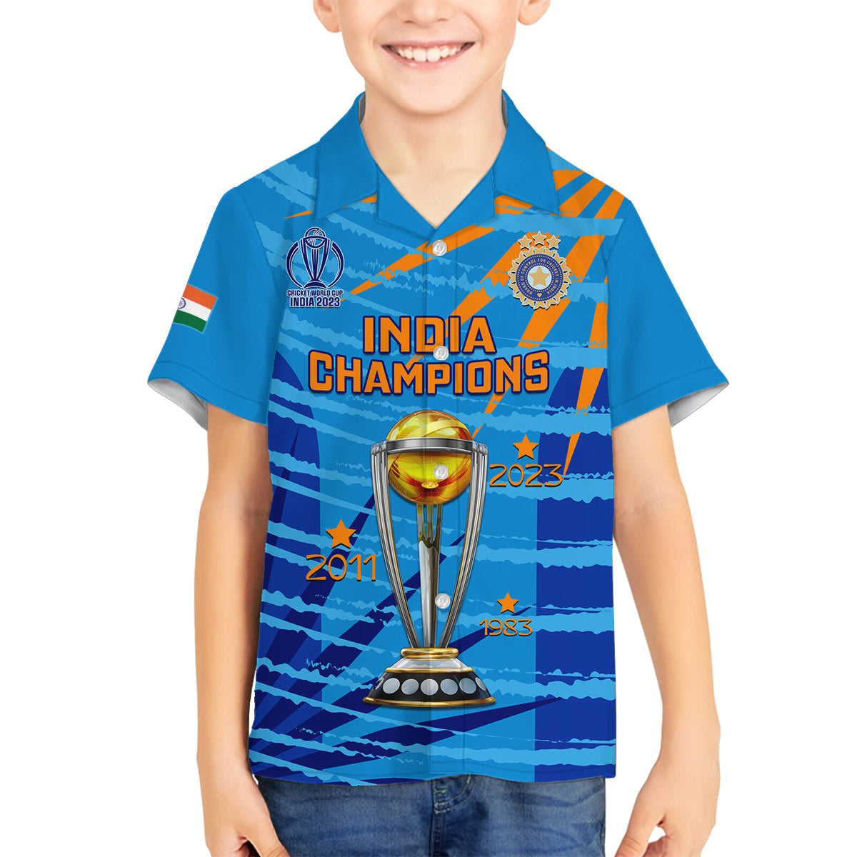 Custom India Cricket Family Matching Off Shoulder Long Sleeve Dress and Hawaiian Shirt 2023 World Cup 3rd Champions Proud - Wonder Print Shop