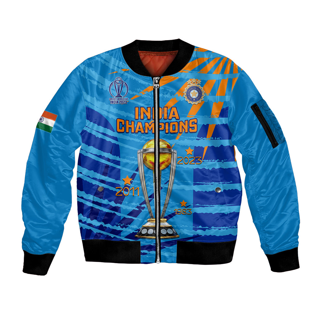 Custom India Cricket Sleeve Zip Bomber Jacket 2023 World Cup 3rd Champions Proud - Wonder Print Shop