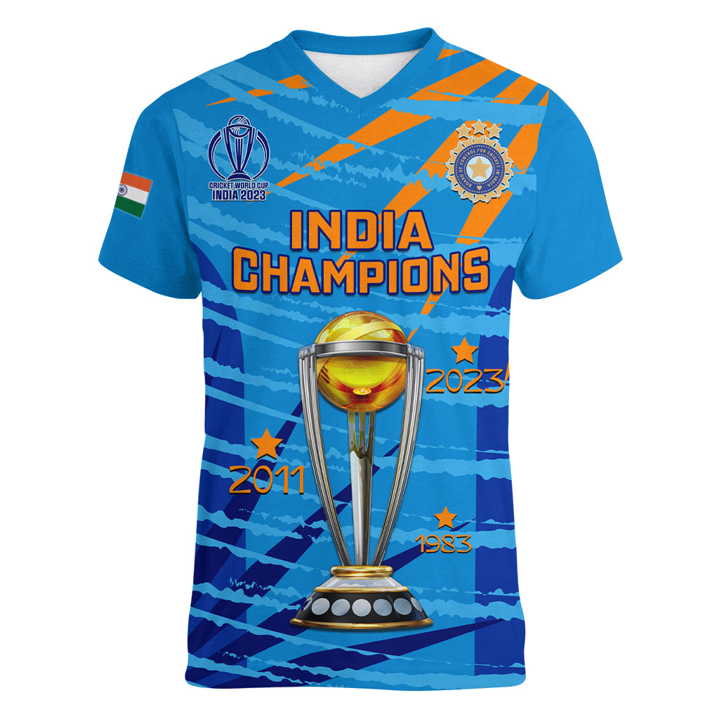 Custom India Cricket Women V Neck T Shirt 2023 World Cup 3rd Champions Proud - Wonder Print Shop